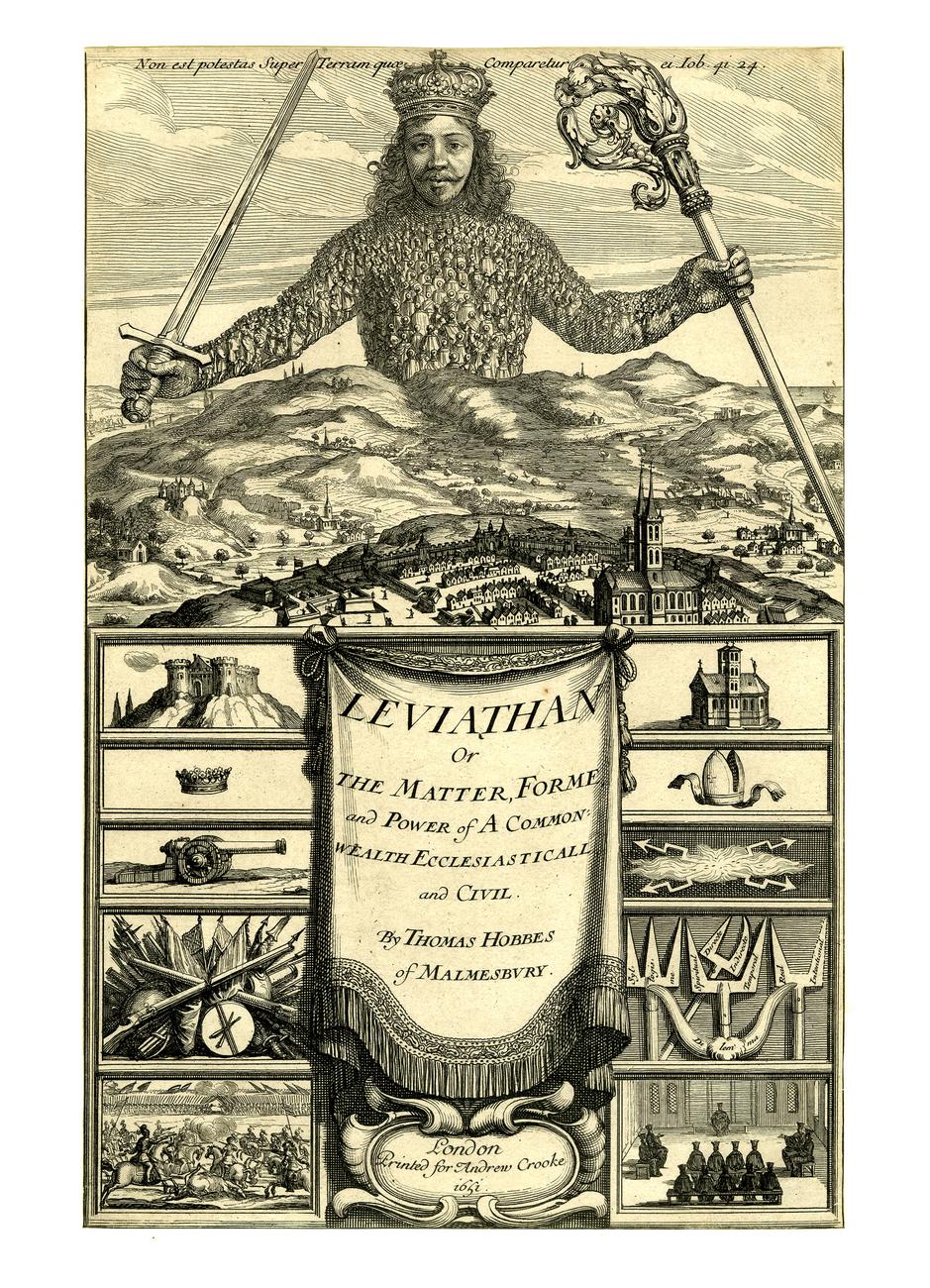 The 1651 frontispiece to Thomas Hobbes’s Leviathan: a crowned sovereign whose body is composed of hundreds of people, holding a sword and crozier above a landscape.
